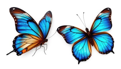 Obraz premium Two vibrant blue butterflies displayed on a clean white surface showcasing their delicate wings and intricate details