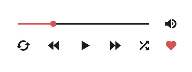 Set of Media Player Interface Vector Icons. Collection of minimalist media player interface icons, including play, pause, progress bar, and volume control, designed for music or video app.