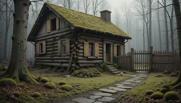 A Secluded and Weathered Log Cabin in a Misty Forest