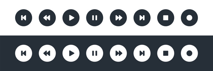 Set of Media Player Button Icons Vector Illustration. Collection of minimalist black media player button icons, including play, pause, stop, and more.