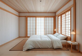 Fototapeta premium Japanese bedroom, minimalist white, bleached wood, bedding, cushions, empty space, copy space, airy