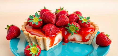 Juicy strawberry pie, nestled on a turquoise plate, sits against a beige backdrop  High-angle, vertical shot,  still life,  food