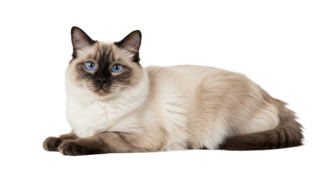 Beautiful purebred Ragdoll cat with seal point markings, fluffy fur, blue eyes, lying relaxed looking at camera in transparent studio, concept of pet companionship and serenity