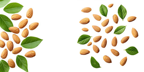 Almonds with green leaves isolated on a transparent background