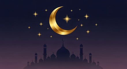 Fototapeta premium Golden Crescent Moon and Stars Over Mosque Silhouette at Night in Mystical Sky