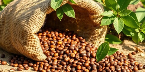Open burlap sack spills coffee beans & vibrant green leaves, bathed in sunlight,  plantation,  backdrop