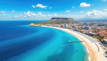 Coastal Paradise Turquoise Waters Meet Sandy Shores and Urban Landscape Under a Bright Blue Sky