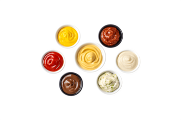 Various dipping sauces elegantly arranged in a white bowl
