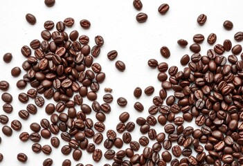 Overhead shot of dark roasted coffee beans scattered on textured white background; ample copy space,  caffeine,  espresso