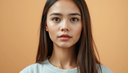 Oval face, perfect features, dreamy expression, beige background,  aesthetic,  art