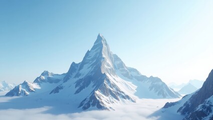 Obraz premium A magnificent snow-capped mountain range rises majestically above a sea of clouds, bathed in soft, light, and ethereal blue light.