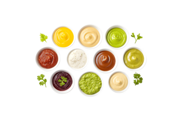 Various dipping sauces elegantly arranged in a white bowl

