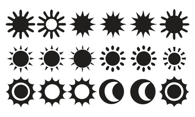 Assortment of Black Sun and Moon Phase Icons on White Background celestial