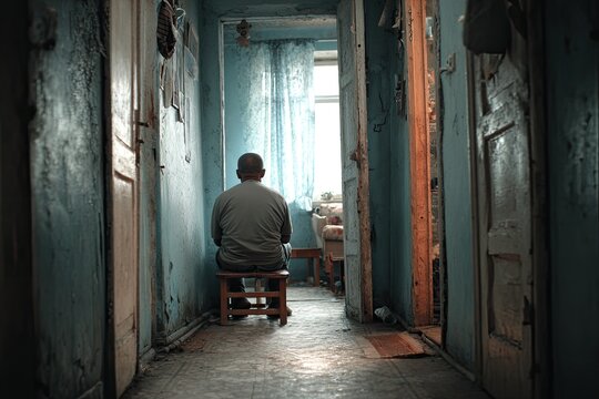 Man sits alone in a dilapidated hallway