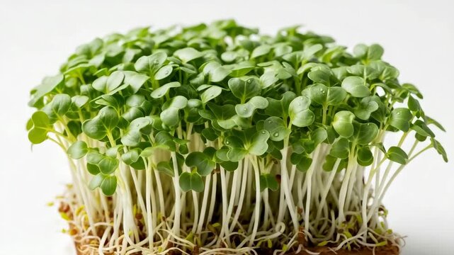 Fresh broccoli microgreens growing on a white background