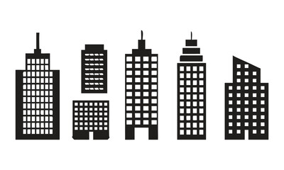 Fototapeta premium Collection of Black Silhouette Skyscraper Buildings on White Background city architecture