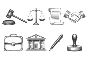 Collection of legal symbols and objects isolated on transparent background