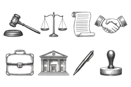 Collection of legal symbols and objects isolated on transparent background