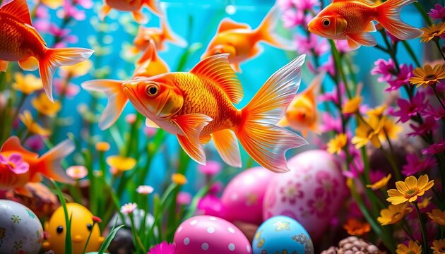 Playful goldfish swim among vibrant Easter eggs in a lush aquarium, celebration,  aquatic plants