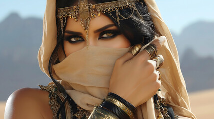 Mystical woman in desert with intricate jewelry and flowing fabric, showcasing elegance