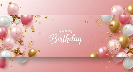 Luxurious happy birthday party background design with realistic pink, gold, and white balloons. A festive celebration banner with sparkling gold confetti for an elegant greeting card