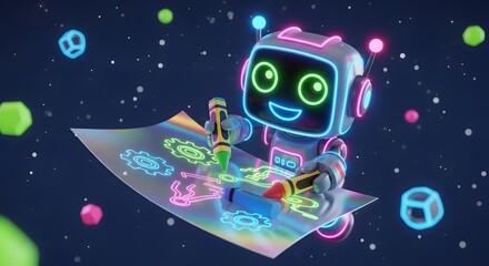 Neon Light Robot Drawing Technical Gears on Digital Paper in Space