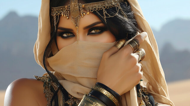 Mystical woman in desert with intricate jewelry and flowing fabric, showcasing elegance