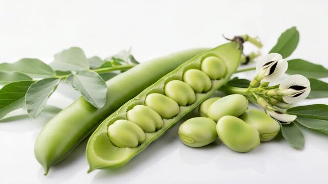 Fresh fava pods with open pod, beans and flower on white background  