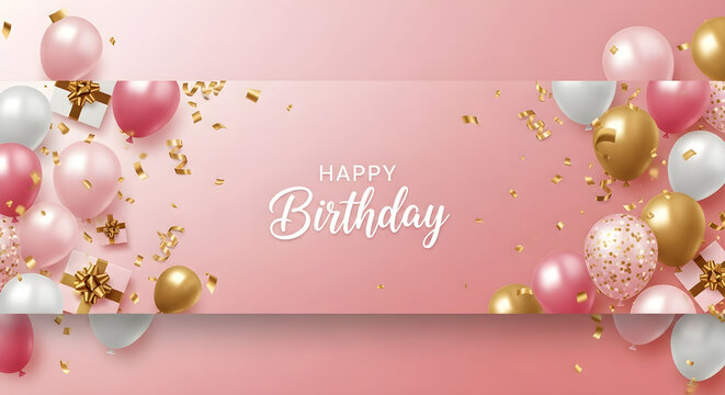 Luxurious happy birthday party background design with realistic pink, gold, and white balloons. A festive celebration banner with sparkling gold confetti for an elegant greeting card