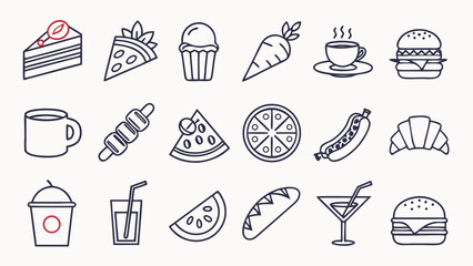 Fast food linear icons set outline, meal, and snack symbols for quick-service dining