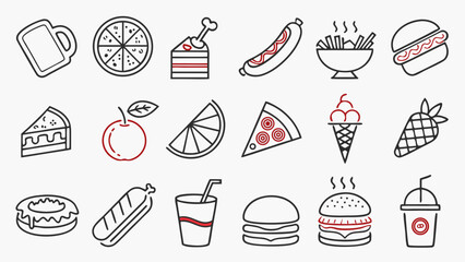 Fast food linear icons set outline, meal, and snack symbols for quick-service dining