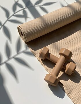 Minimal flat-lay of a beige yoga mat and dumbbells in natural sunlight with leaf shadows, representing home workout, wellness, and calm motivation.