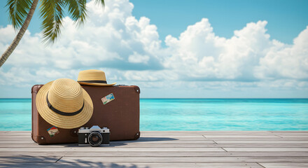 Travel Essentials Suitcase Hats and Camera on a Beach Dock with Ocean View Stock Image