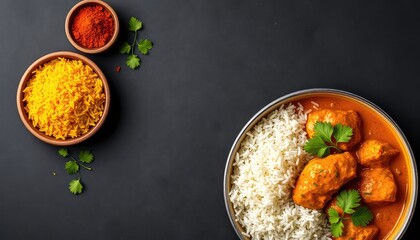 Delicious and visually appealing meal featuring chicken with white and yellow rice and spice on a dark background