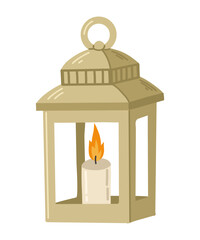 Candlestick lantern with a burning candle inside. Isolated flat cartoon illustration on white background