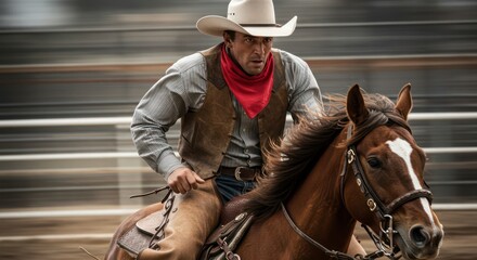 Cowboy riding a brown horse at high speed in a rodeo.