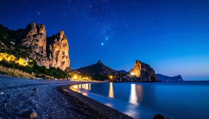 Night beach scene with rocky cliffs and a starry sky