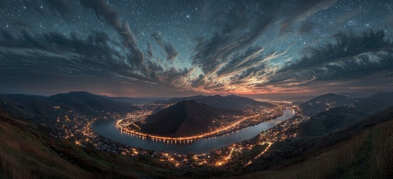 Nighttime city nestled in a valley, river, and mountains with a starry sky