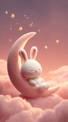 Cute Rabbit Sleeping on a Crescent Moon with Stars and Clouds