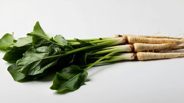 Fresh white salsify roots with green leaves on neutral background  