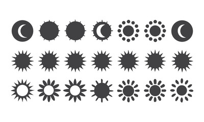 Sun and Moon Icons in Rows on White Background celestial weather