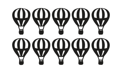 Fototapeta premium Ten Black Silhouette Hot Air Balloons in Two Rows on White Background travel adventure