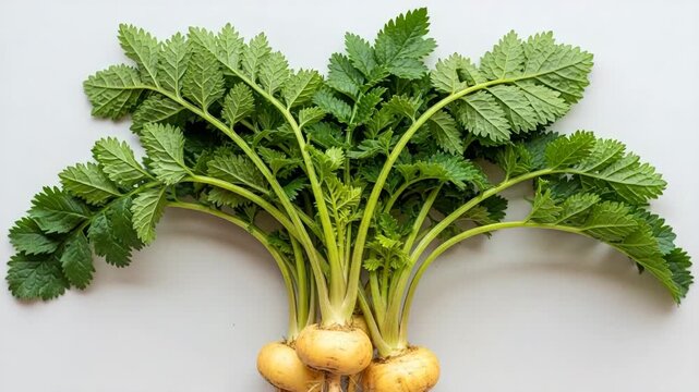 Fresh maca root with green leaves on light background  