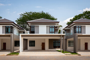 Fototapeta premium Modern Three Story Contemporary Homes With Attached Garages Showcasing Elegant Architectural Design And Spacious Living Areas Perfect For Family Residences