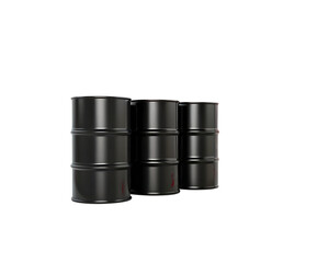 Three black metal oil drums or barrels arranged in a row on a transparent background
