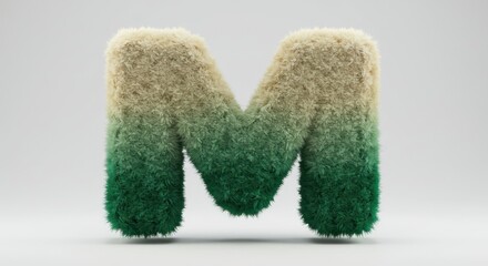 Fluffy letter M, 3D render, ombre effect, beige to green.