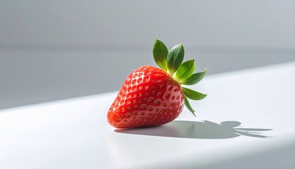 A single ripe strawberry with its leafy top sits beside two green leaves on a smooth, pale surface&mdash;highlighting natural simplicity, vibrant color, and the quiet elegance of minimal composition.