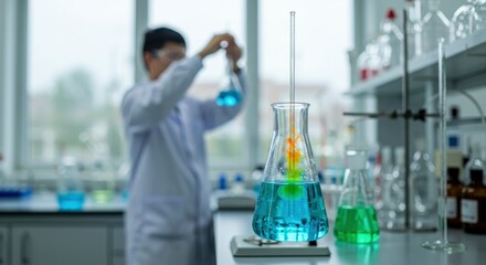 Lab scene Chemist in lab coat mixing blue liquid with orangeyellow substance in flask with stirring rod Other beakers present