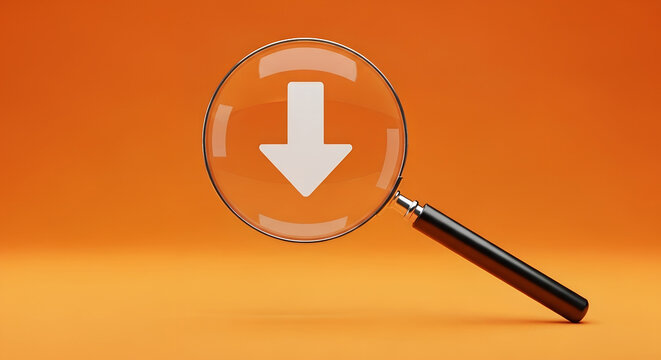Magnifying glass focusing on a downward arrow against a vibrant orange background