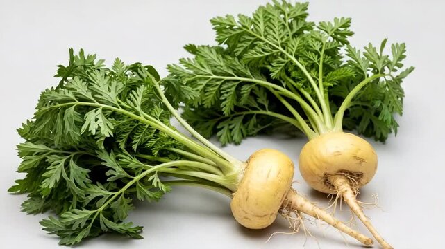 Fresh maca roots with green leaves on neutral background  